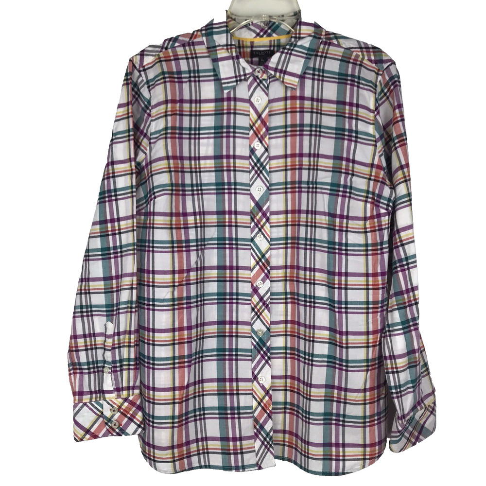 Talbots Petites Plaid Button Up Top White Purple Green Orange Cotton Yellow MP